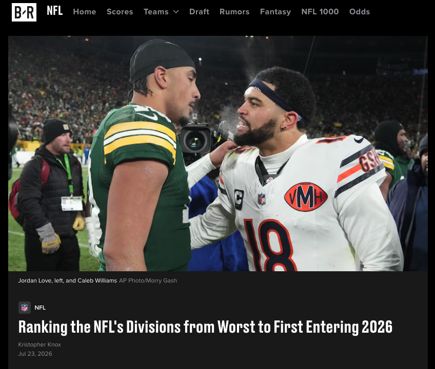 Bleacher Report, "Ranking the NFL's Divisions from Worst to First Entering 2026", Kristopher Knox. Image of Jordan and Caleb Williams. AP Photo/Morry Gash.
