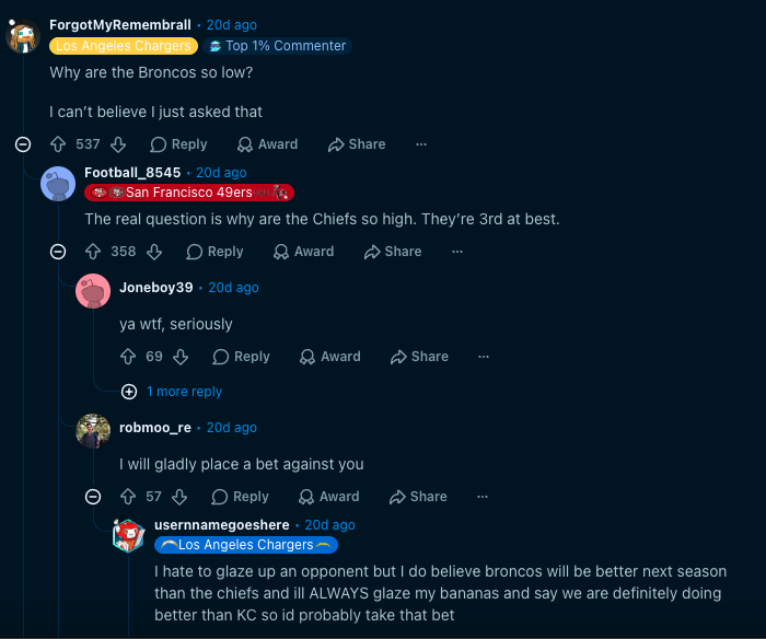Screenshot of Reddit comments. thread under the r/NFLv2 FPI post (replies from ForgotMyRemembrall, Football_8545, allthenamesaretaken4 and others). 