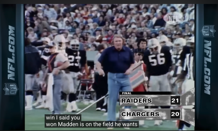 Raiders vs Chargers screen grab of a still from the NFL YouTube video on the 'Holy Roller'.