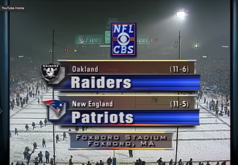 Raiders vs Patriots screen grab of a still from the NFL YouTube video on the Tuck Rule.